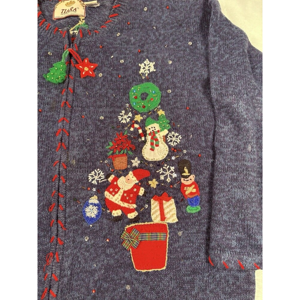 Vintage Christmas Sweater Women’s Sz Lg  Tiara International Embellished Blue Zi